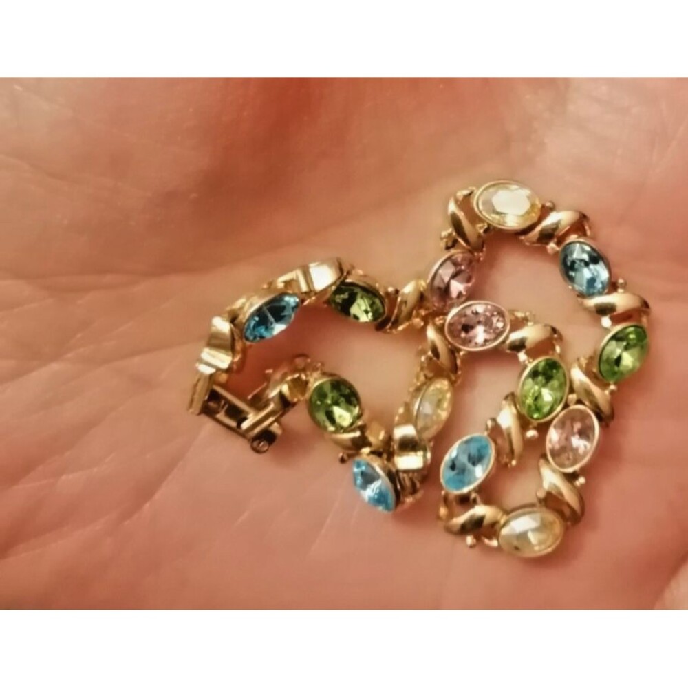 Vintage Multicolor Pastel Rhinestone Tennis Style Chain Bracelet Gold Tone 7.25"